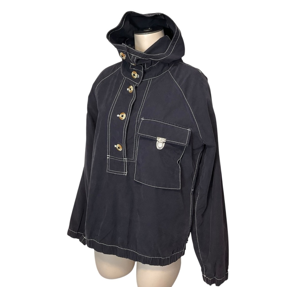 TOMMY HILFIGER sz Small Navy Hooded Pullover Jacket Logo Hardware 3 Pockets Blue